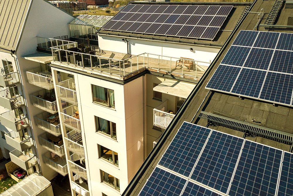 aerial view of solar photovoltaic panels on a roof
